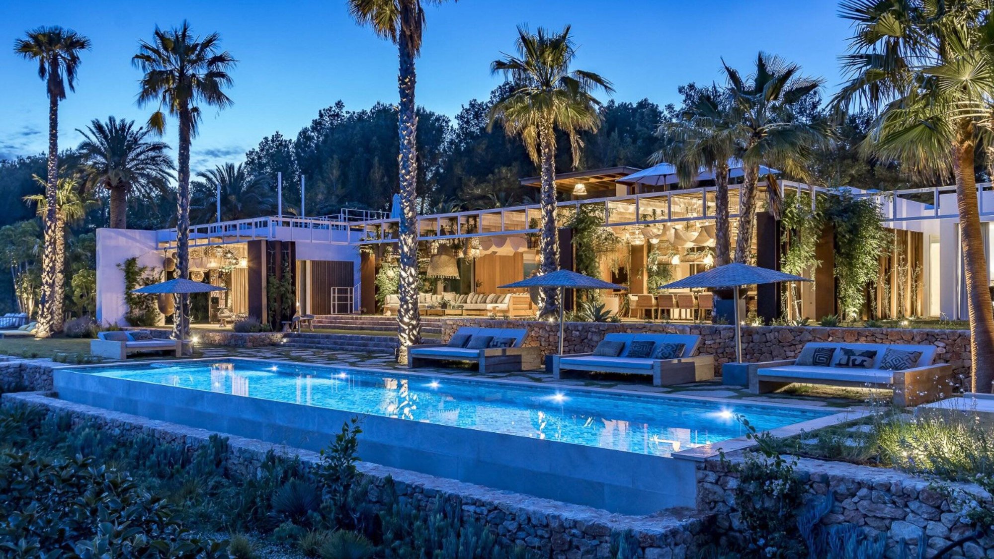 Luxury Ibiza villa with pool at night